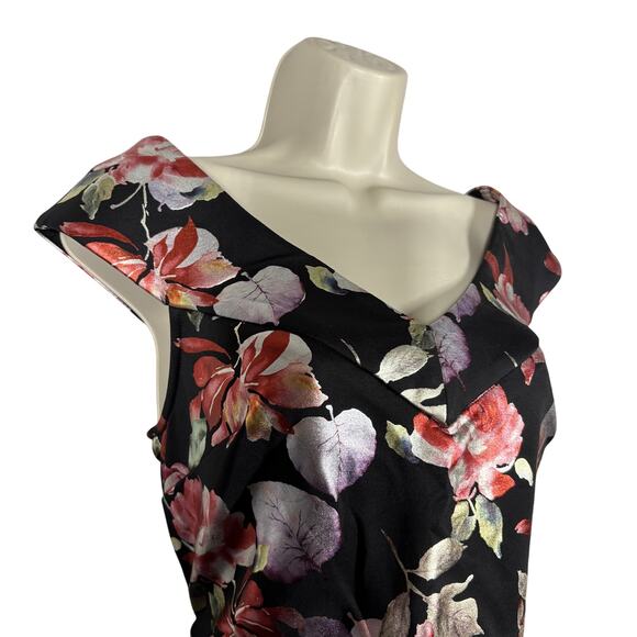 NY & Co Floral Metallic Sheath Dress Print Black Formal Cap Sleeve V Neck - M - Picture 4 of 7